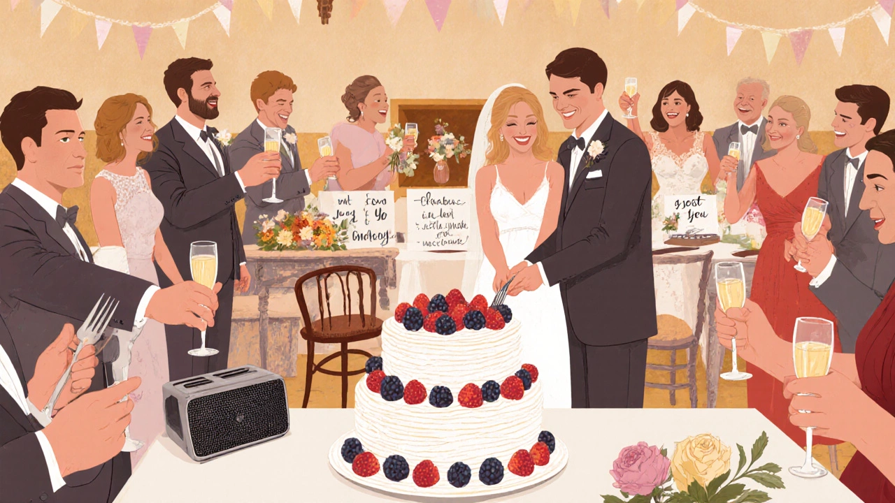A couple cutting a modest buttercream cake with berries at a budget wedding, surrounded by joyful guests and a Bluetooth speaker.
