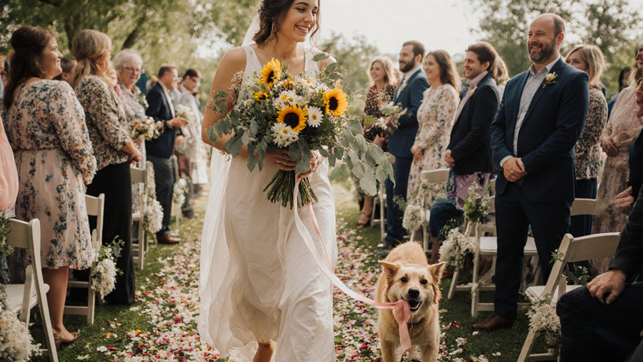 A modern bride walking down an aisle with a wildflower bouquet and a dog beside her, reimagining tradition.