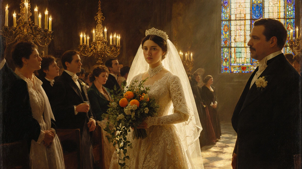 A Victorian bride carrying orange blossoms and myrtle under stained glass light, echoing Queen Victoria's wedding.