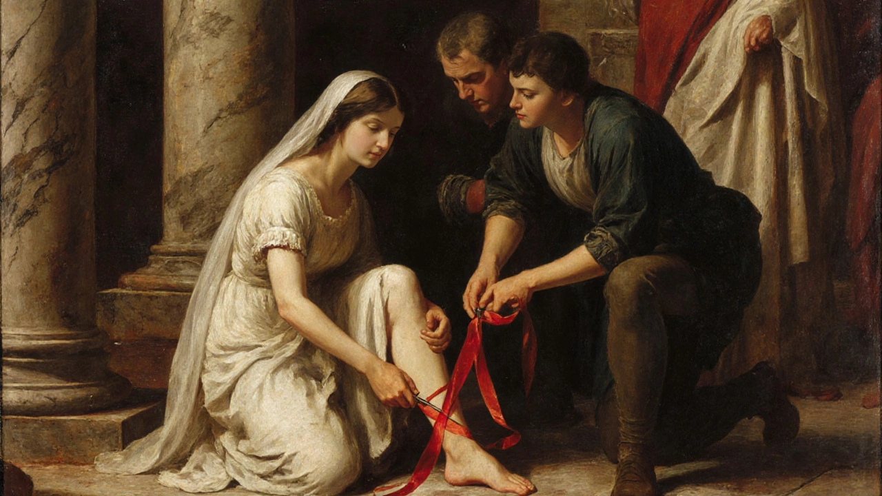 Ancient Roman wedding scene with a ribbon cut and handed to a male guest.