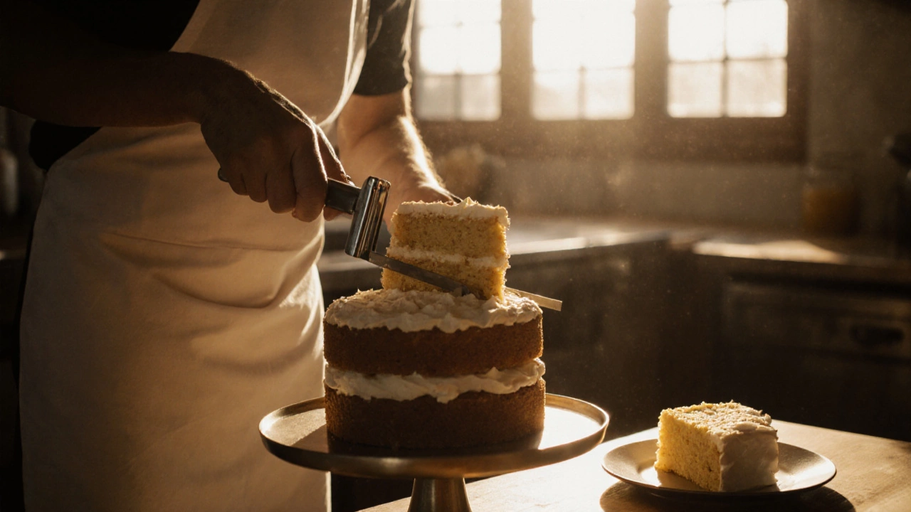 Baker using a cake slicer with guide rail on a three‑tier cake, with a reserve slice nearby.