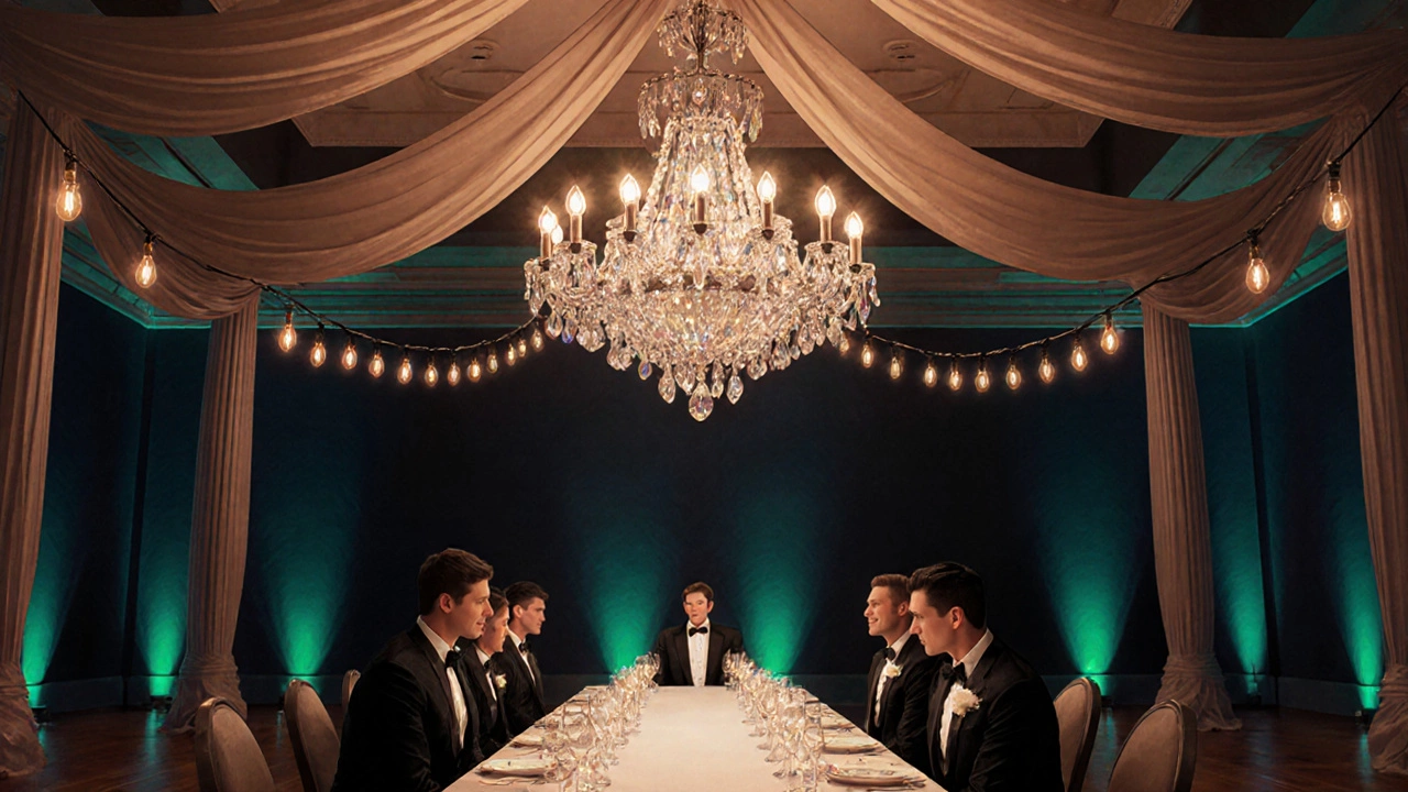 Ballroom with a sparkling crystal chandelier above a head table, Edison bulbs, and navy‑emerald uplighting.