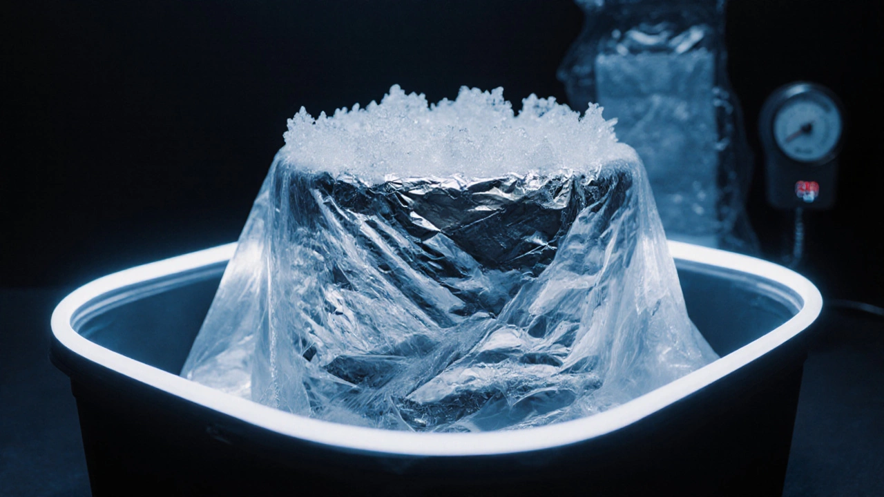 Close‑up of a frozen cake tier wrapped in cling film and foil inside an airtight container.