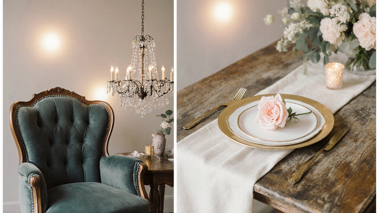 Collage of vintage chair, ivory linen table runner, gold‑rimmed china, and a small crystal chandelier.