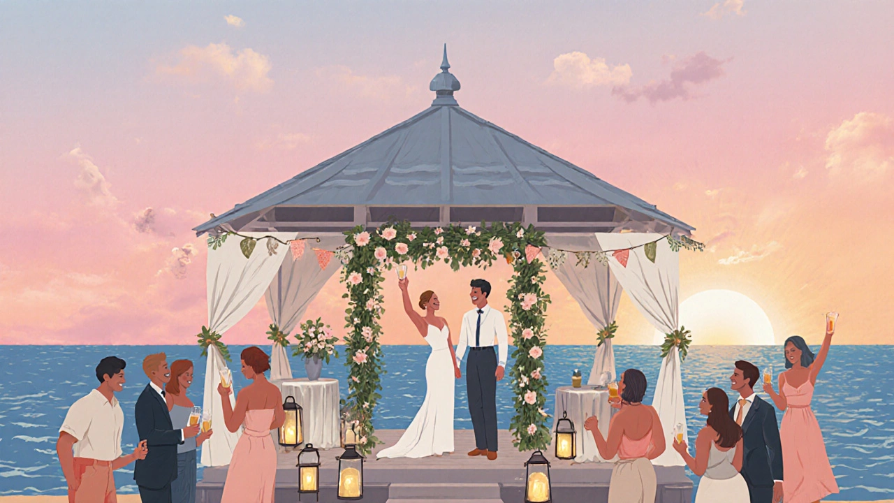 Couple at sunrise beach pavilion with DIY lanterns, simple décor and happy friends.