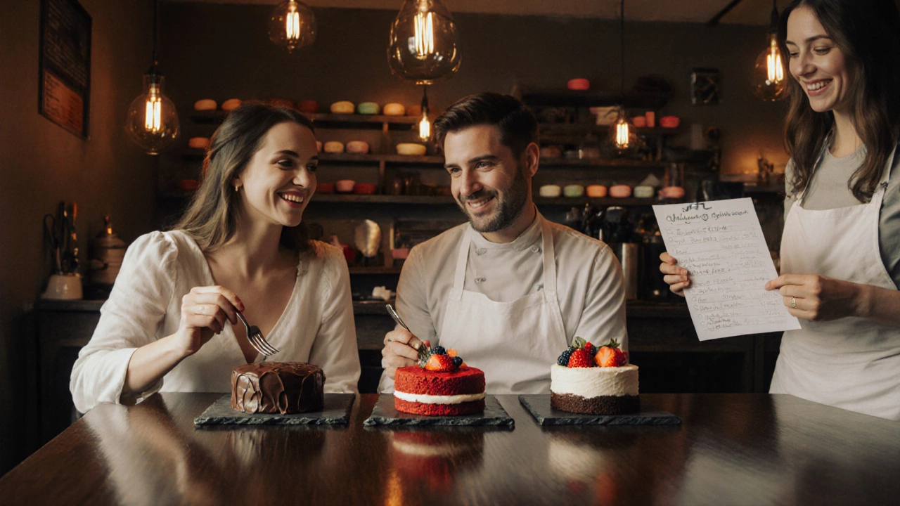 Couple tasting three mini wedding cakes with a baker in a warm bakery setting.