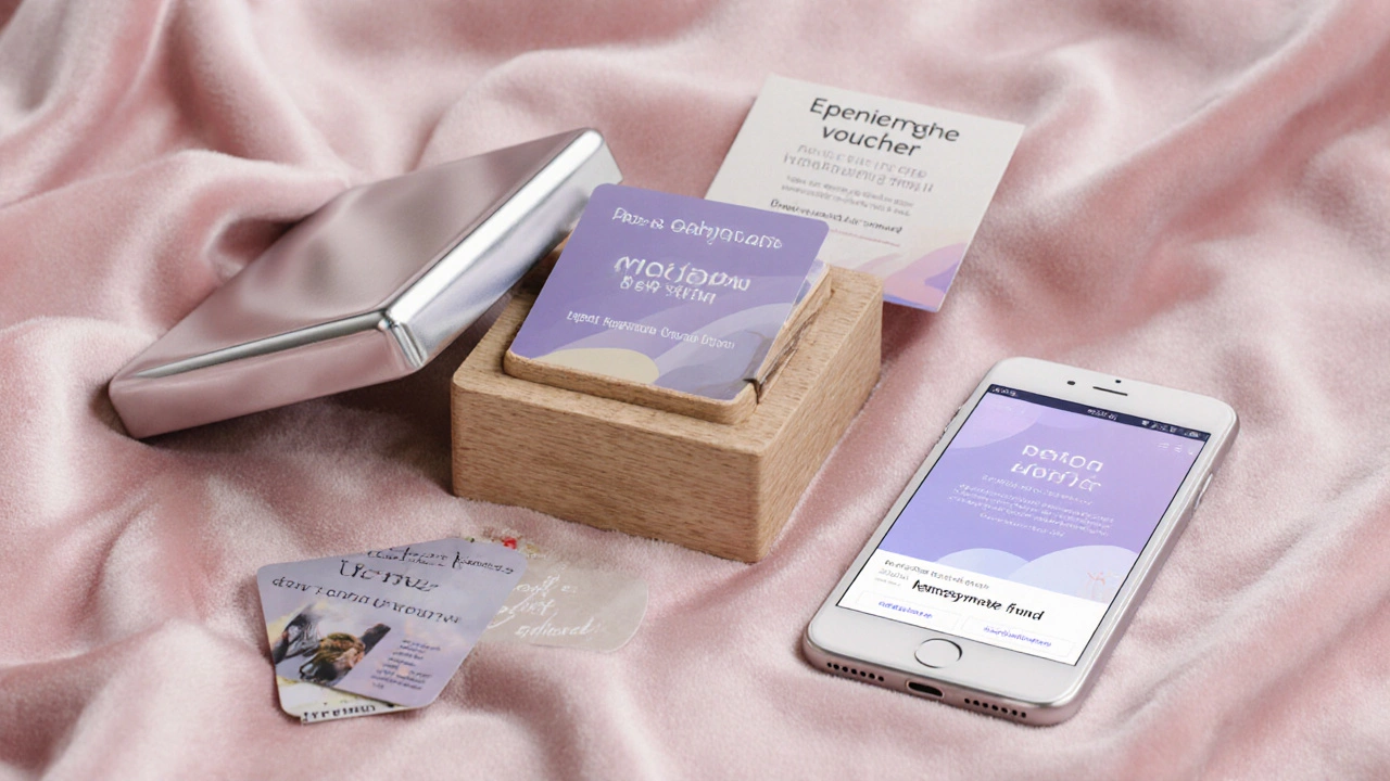 Display of gift card, voucher box, and honeymoon fund app as alternative gifts.
