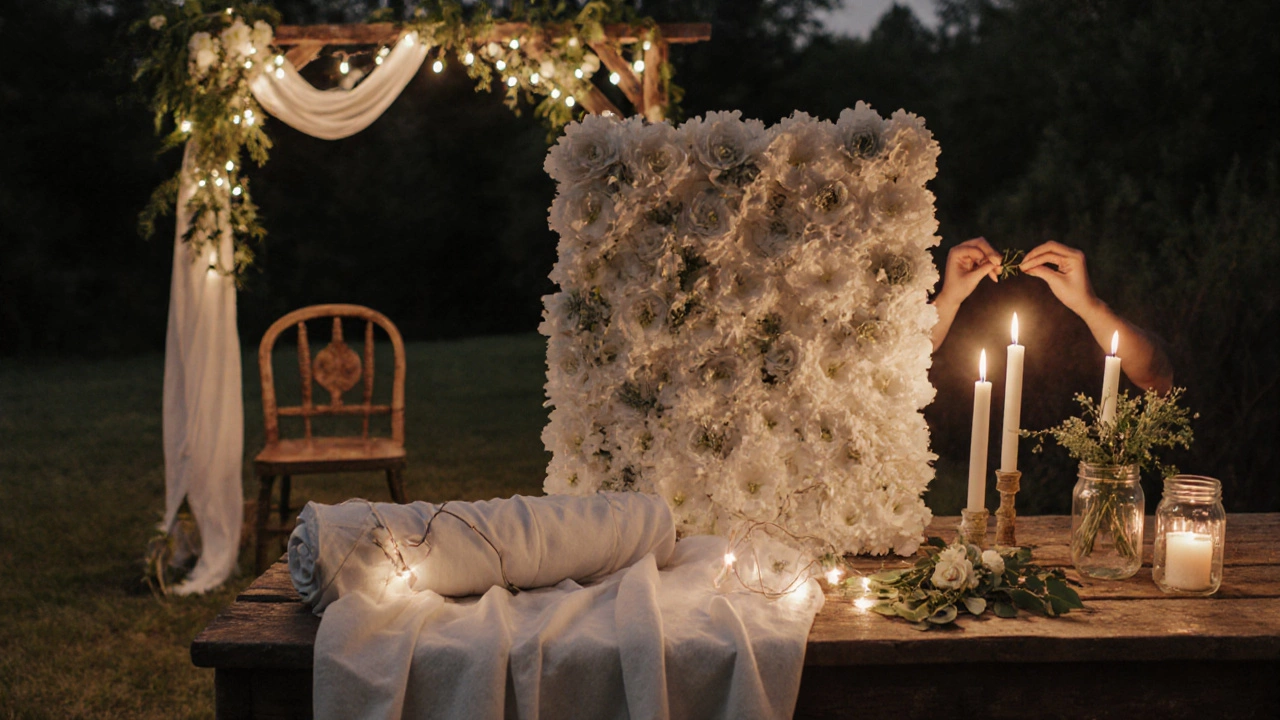 DIY décor supplies and a half‑built flower wall on a rustic table.