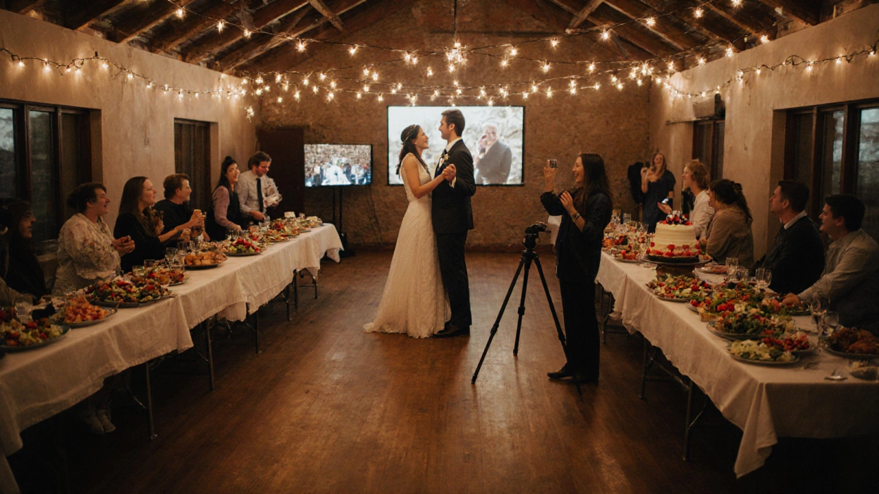 DIY reception in a hall with homemade food, fairy lights, and a family photographer.