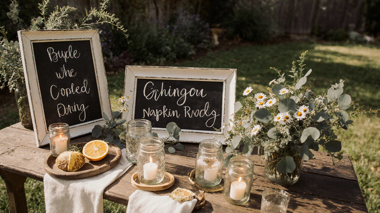 DIY wedding decor station with chalkboard signs, citrus napkin rings, and local blooms.