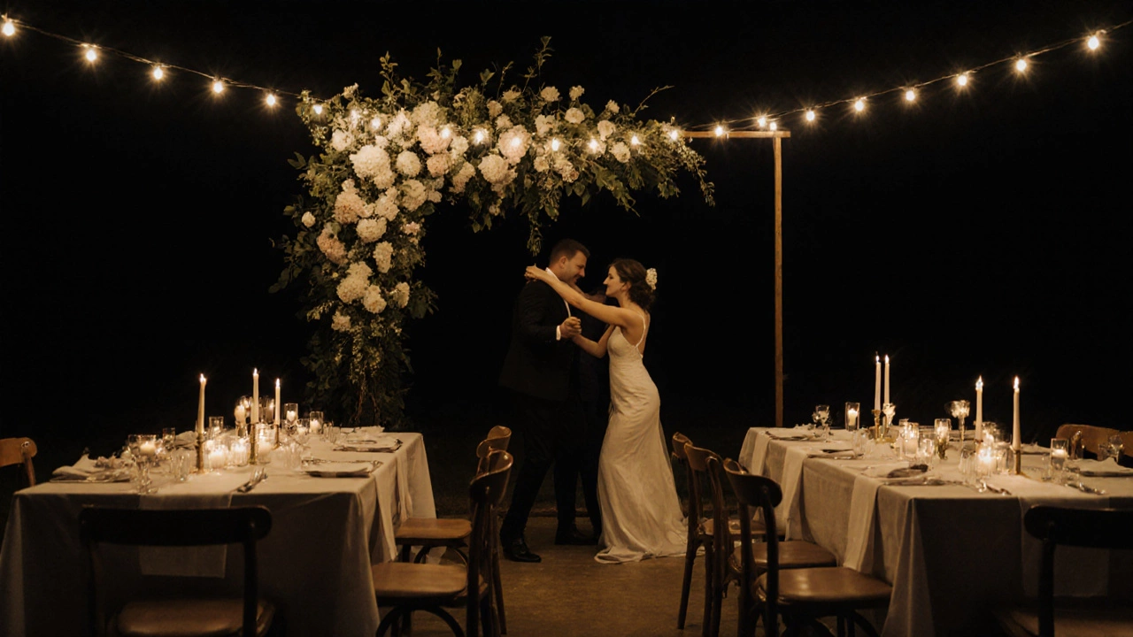 Elegant reception with a single floral arch and soft string lights casting a warm glow.