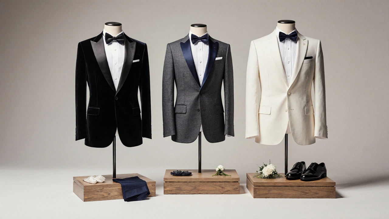 Five groom suits—black, navy, charcoal, ivory, white—displayed on mannequins with accessories.