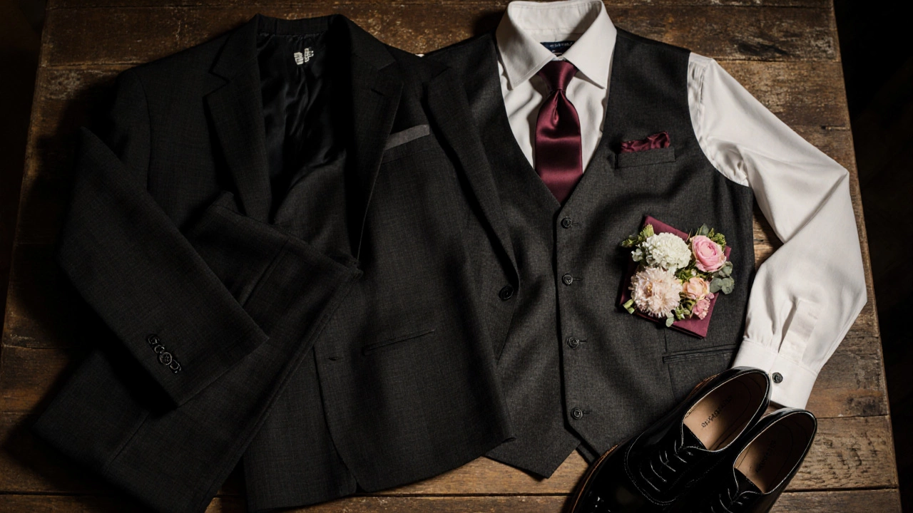 Flat‑lay of a dark three‑piece suit with shirt, tie, pocket square, shoes, and watch on a wooden surface.