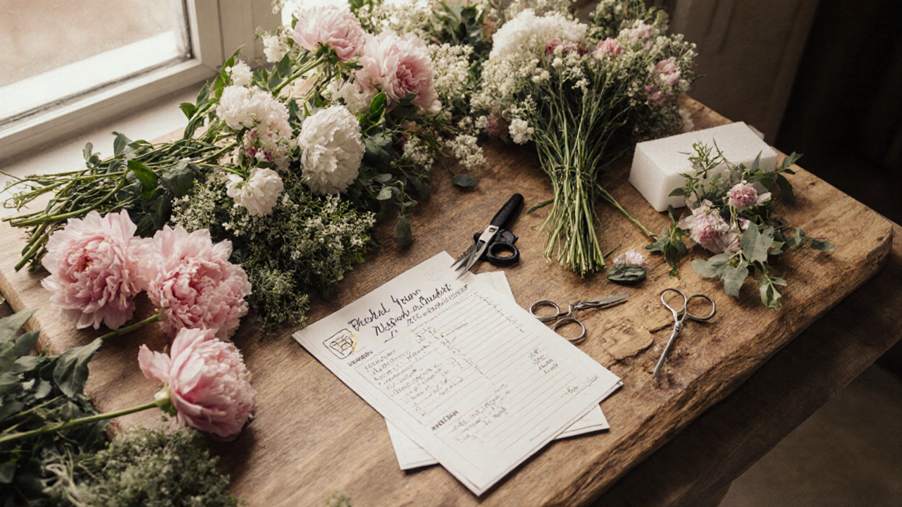Flat‑lay of bulk flower stems, tools, and a planning sheet for DIY wedding flowers.
