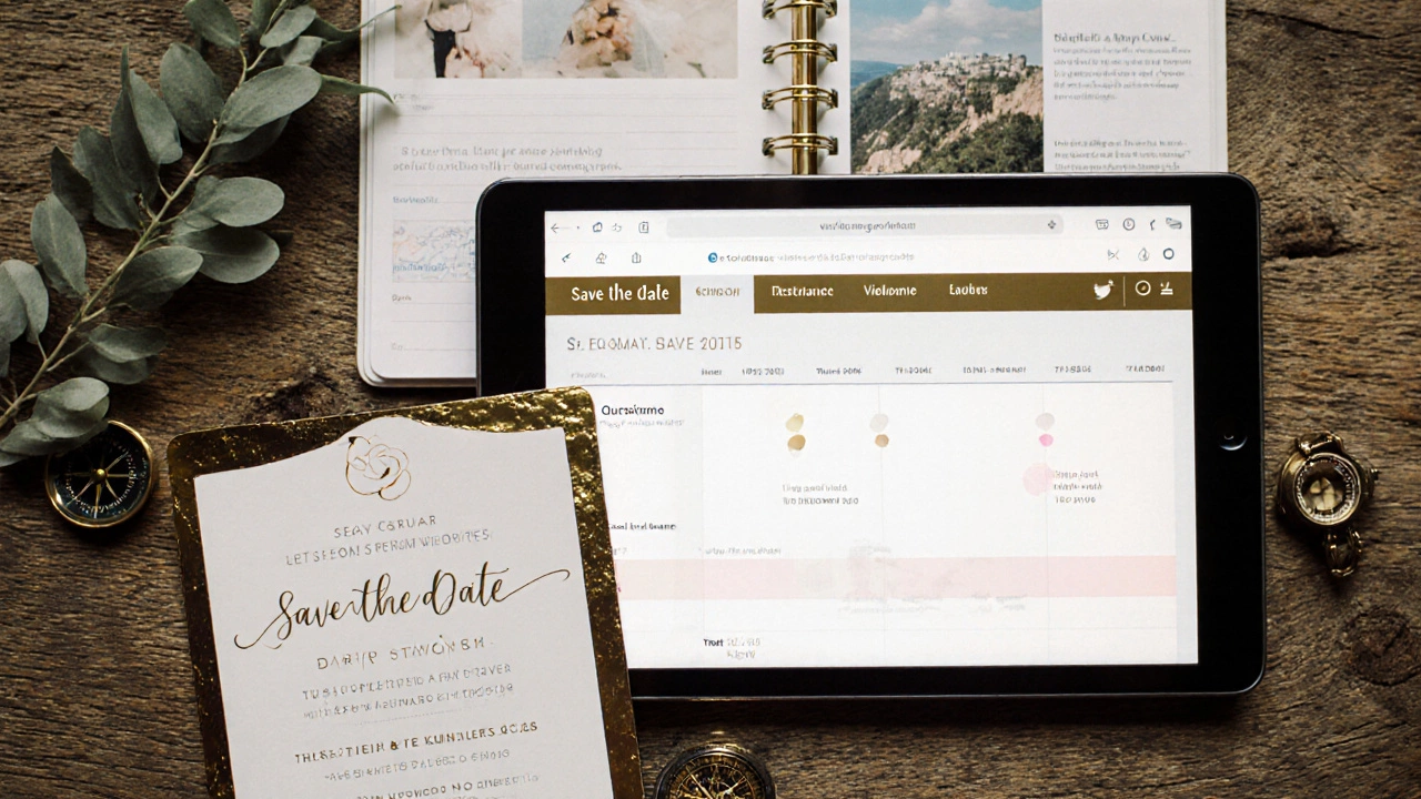 Flat‑lay of printed save‑the‑date, tablet wedding website, and planner timeline.