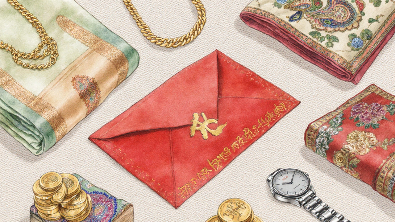 Flat‑lay of traditional wedding gifts from various cultures.