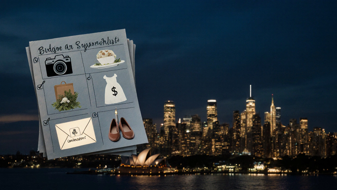 Floating budget icons above a city skyline, representing smart wedding spending with a glowing 5% contingency envelope.