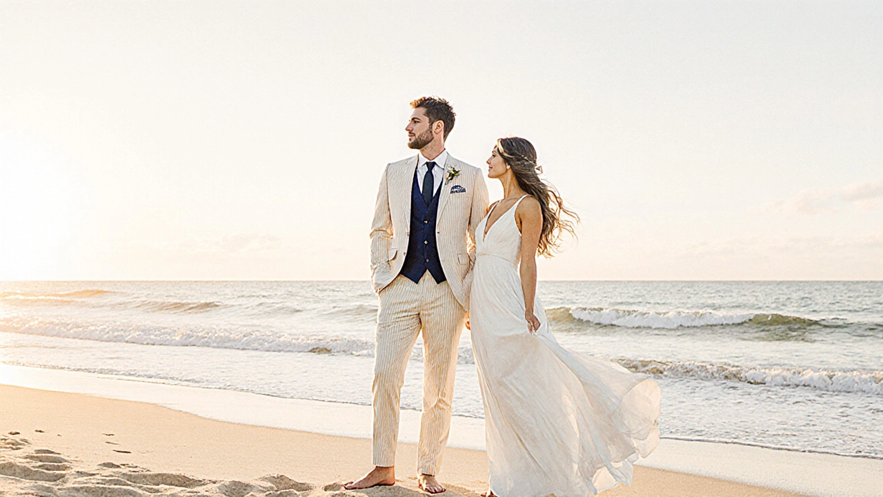 Groom in a light ivory suit with navy waistcoat on a sunlit beach beside his bride.