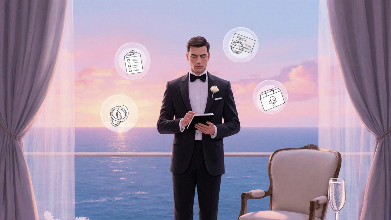 Groom in tuxedo on a balcony at sunrise, overlooking the beach with wedding checklist items nearby.