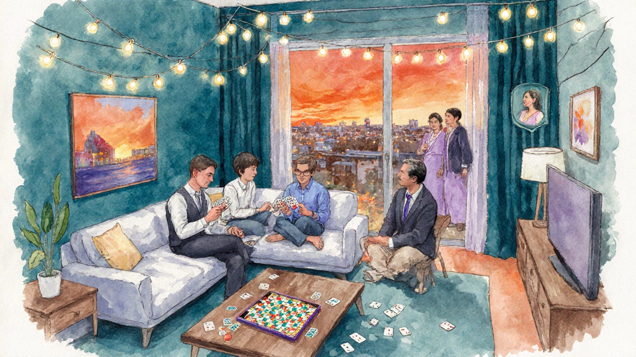 Groom, sibling, friend, and partner's family playing a game in a cozy Airbnb living room.