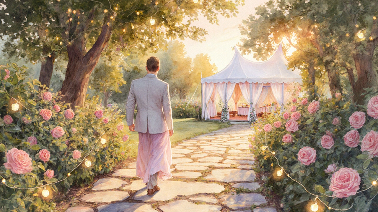 Guest in semi‑formal attire walking through garden venue at sunset.