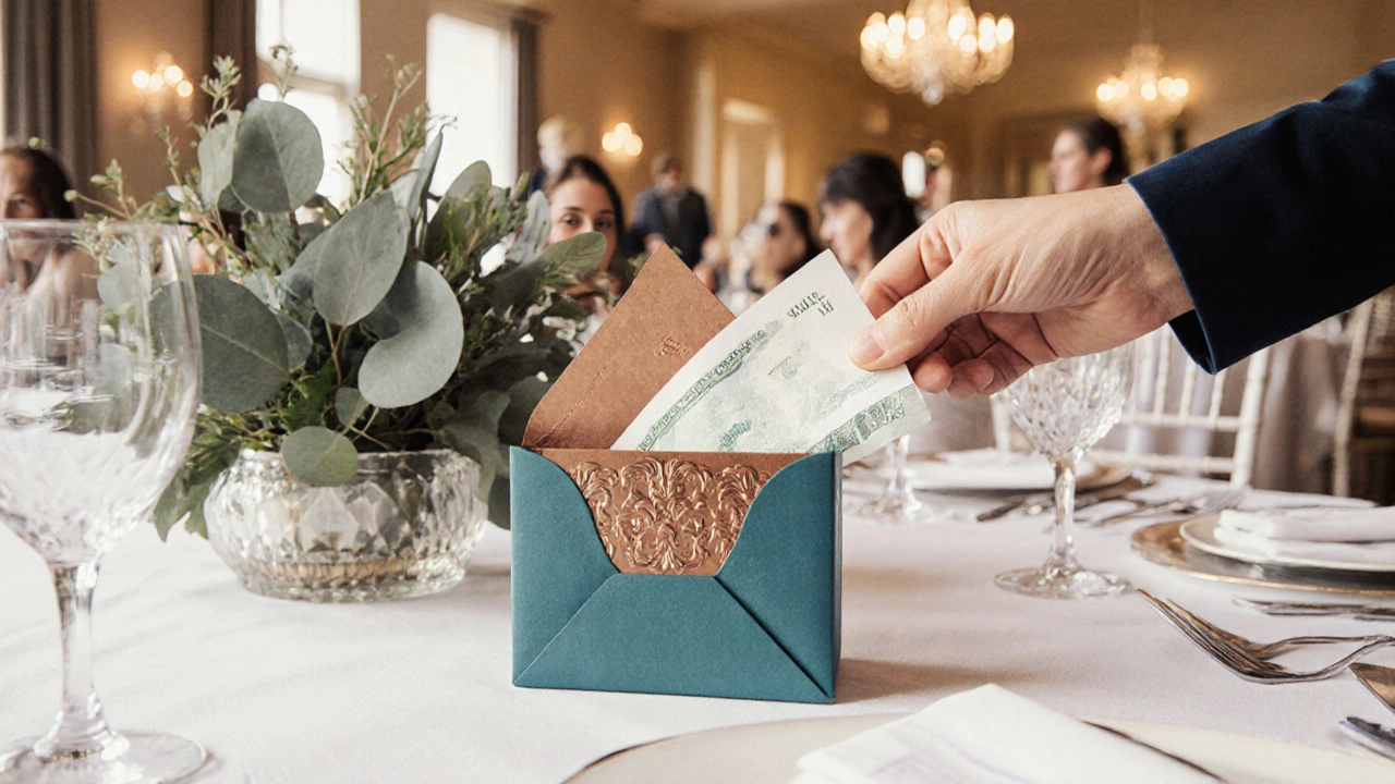 Hand placing a decorative cash envelope on a wedding reception table.