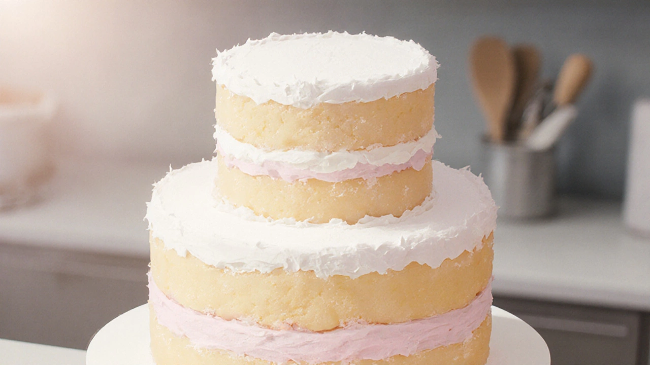 Illustrated cross‑section showing 12", 10" and 8" cake tiers with indicated heights.
