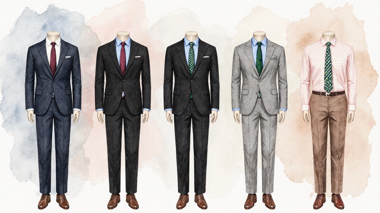 Illustration of five mannequins wearing navy, charcoal, black, light gray, and brown suits with matching accessories.