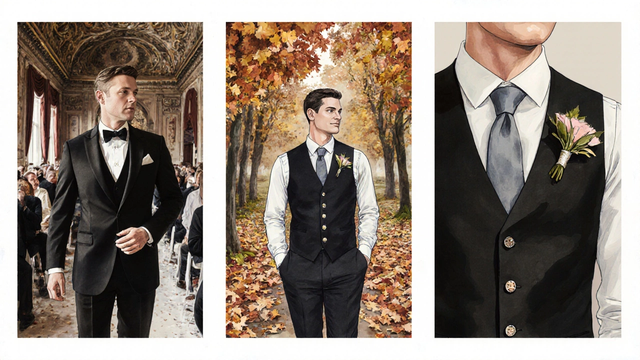 Illustration showing a groom in a three‑piece suit at a formal venue, an autumn wedding, and close‑up vest buttons.