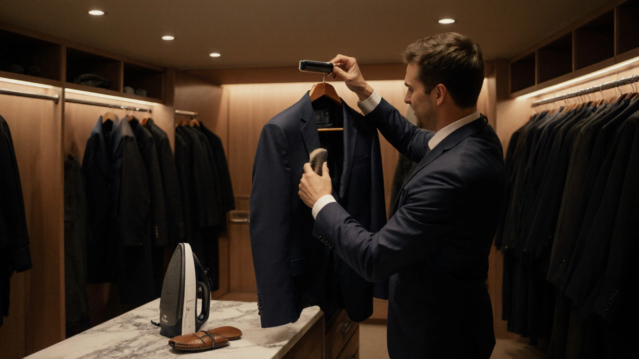Man hanging and brushing a suit in a well‑lit walk‑in closet.