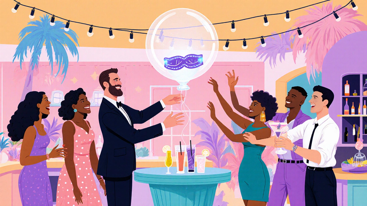 Modern garter toss with LED garter in a balloon, mixed‑gender guests reaching for it.