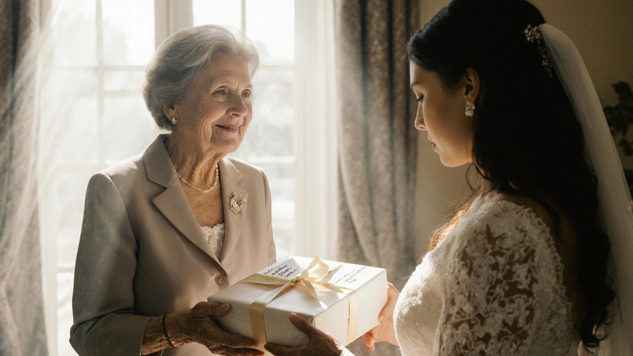 Mother of groom presenting a wrapped gift to the bride at a brunch.