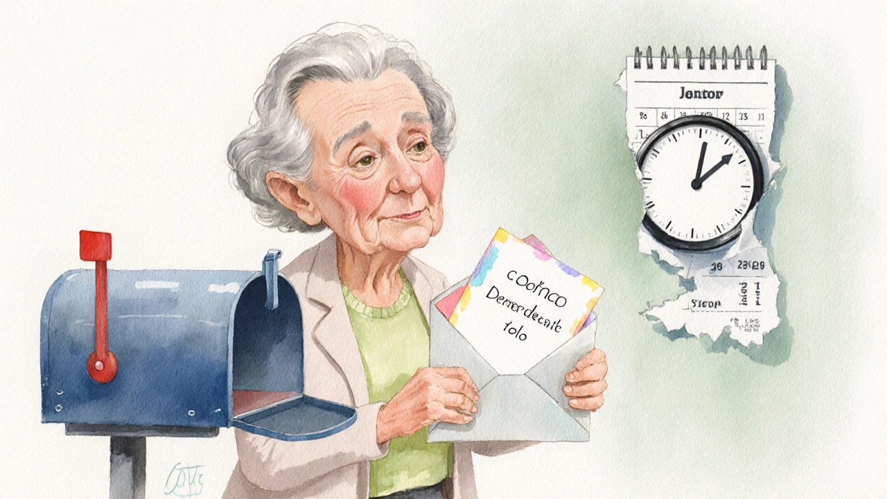 Older relative looks puzzled holding a save‑the‑date card with only one month left.