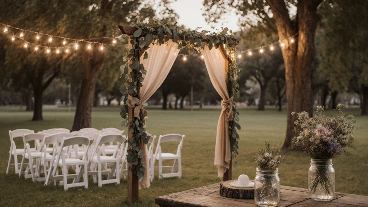Outdoor park wedding with DIY decorations, fairy lights, and small guest seating.