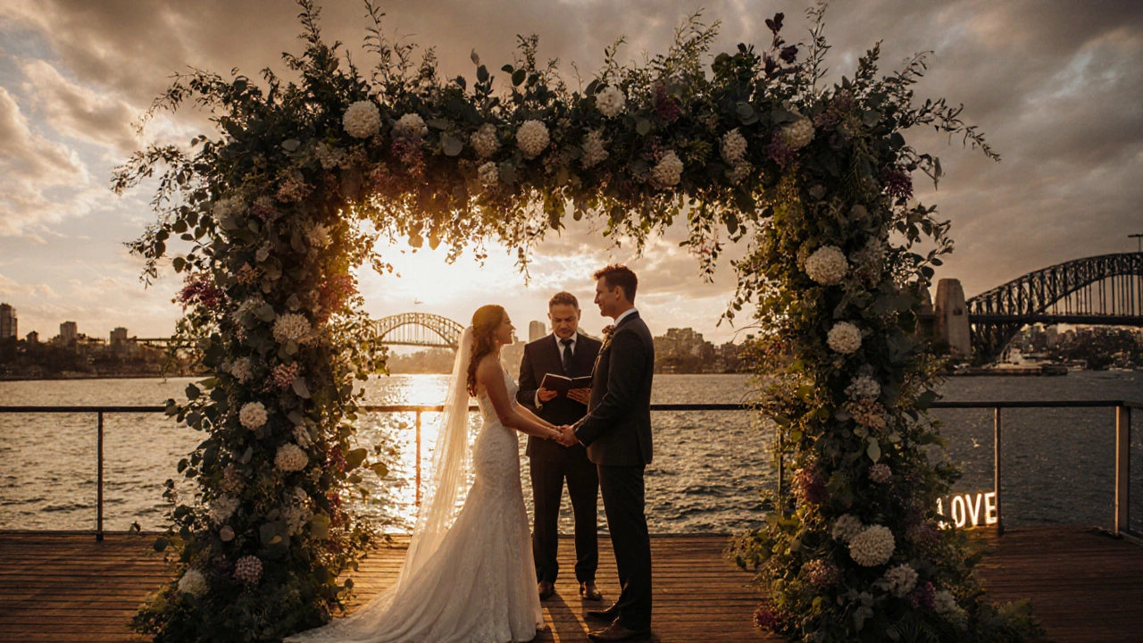Sunset harbour wedding with a lavish floral arch and glowing 'LOVE' sign.