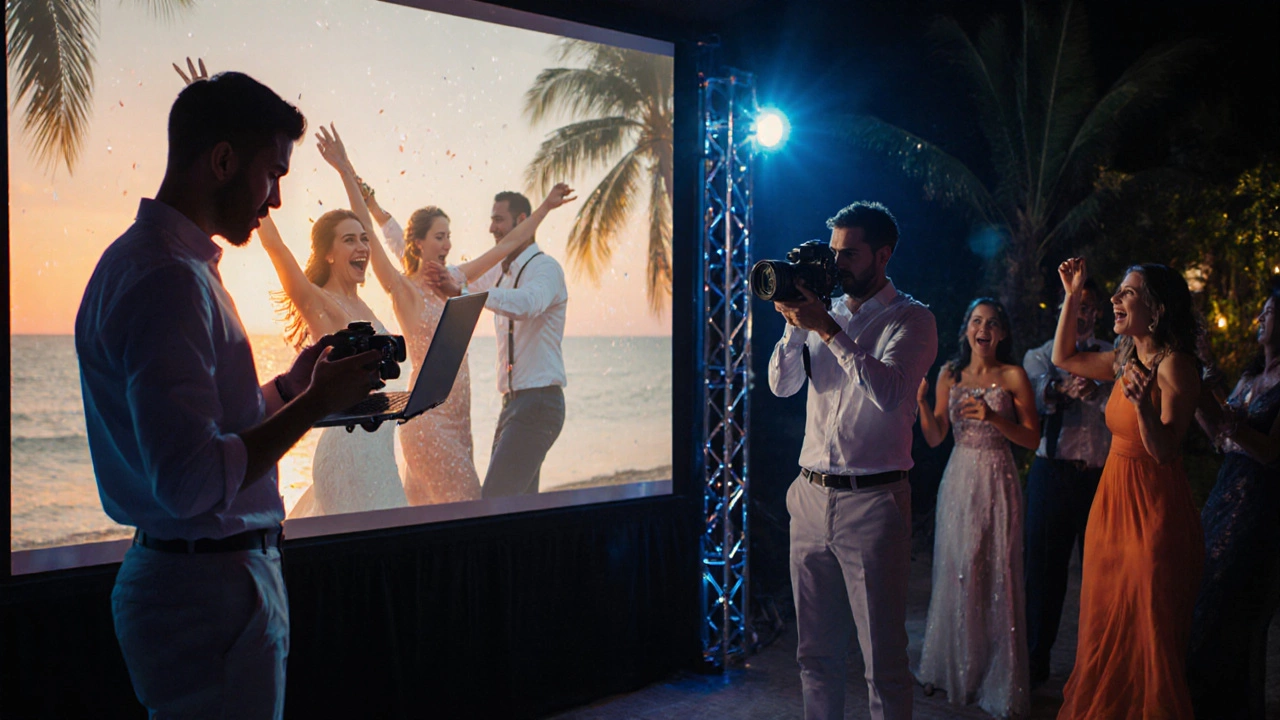 Three photographers covering a multi‑day wedding, showing slideshow projection and beach shots.