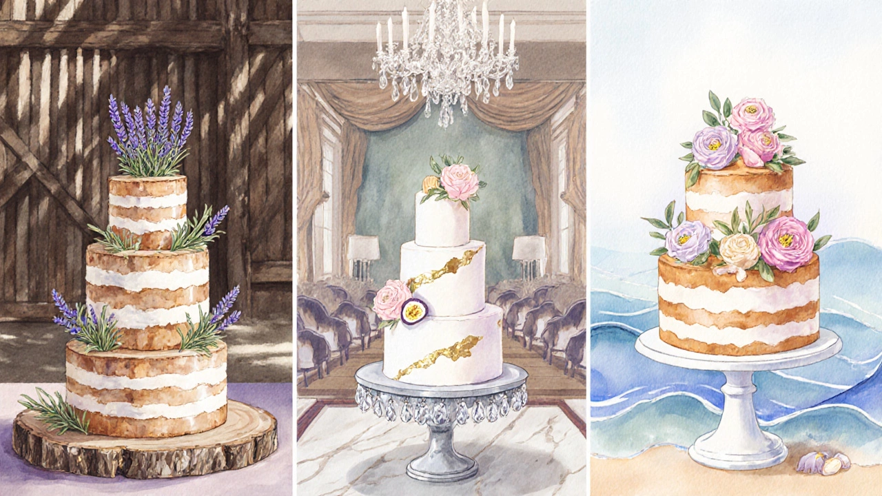 Three wedding cakes: rustic naked, ballroom fondant, and beach semi‑naked styles side by side.