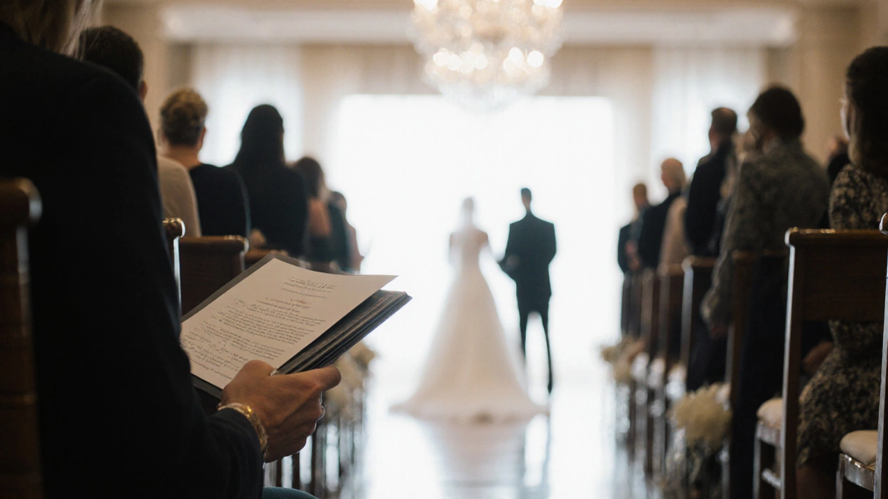 View of ceremony aisle with bride approaching, guest seated attentively.