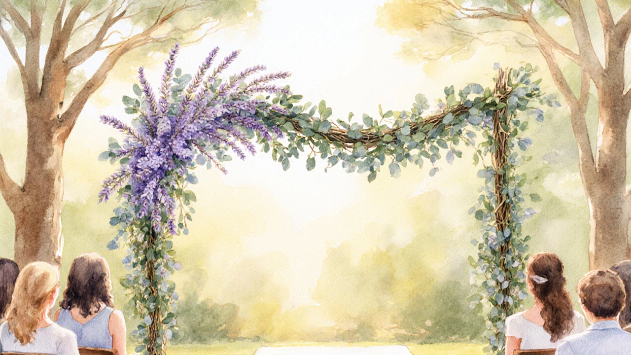 Watercolor arch of lavender and eucalyptus beneath a sunny outdoor wedding aisle.