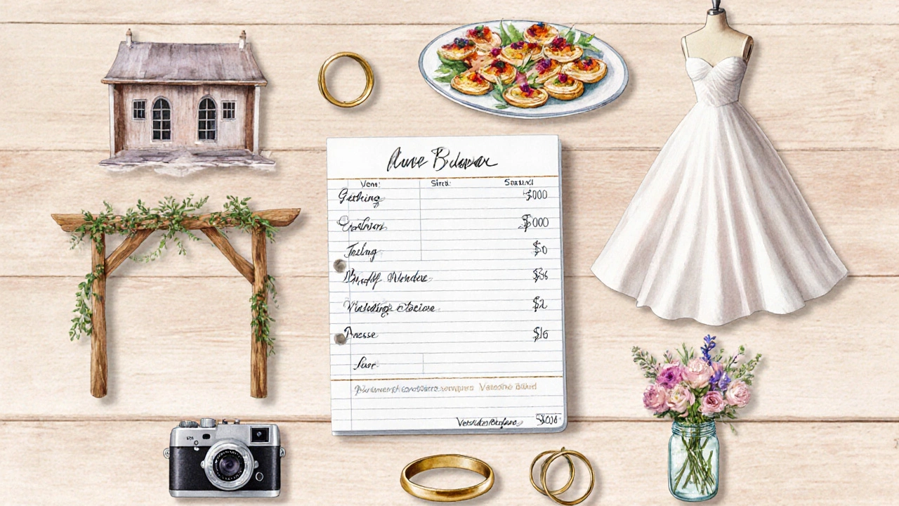 Watercolor flat‑lay of wedding budget items: ledger, arch, food, camera, dress, rings, flowers.
