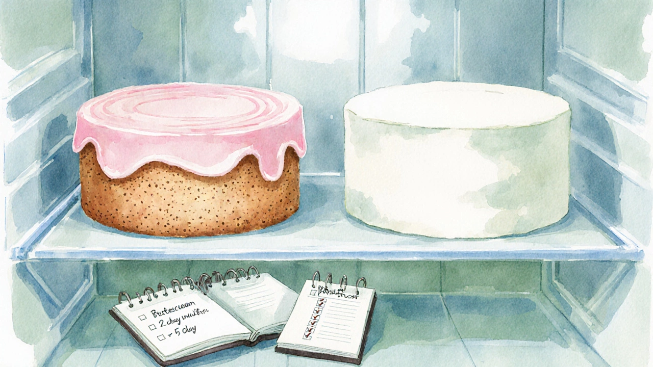 Watercolor of a fridge holding a buttercream cake and a fondant cake on separate shelves.