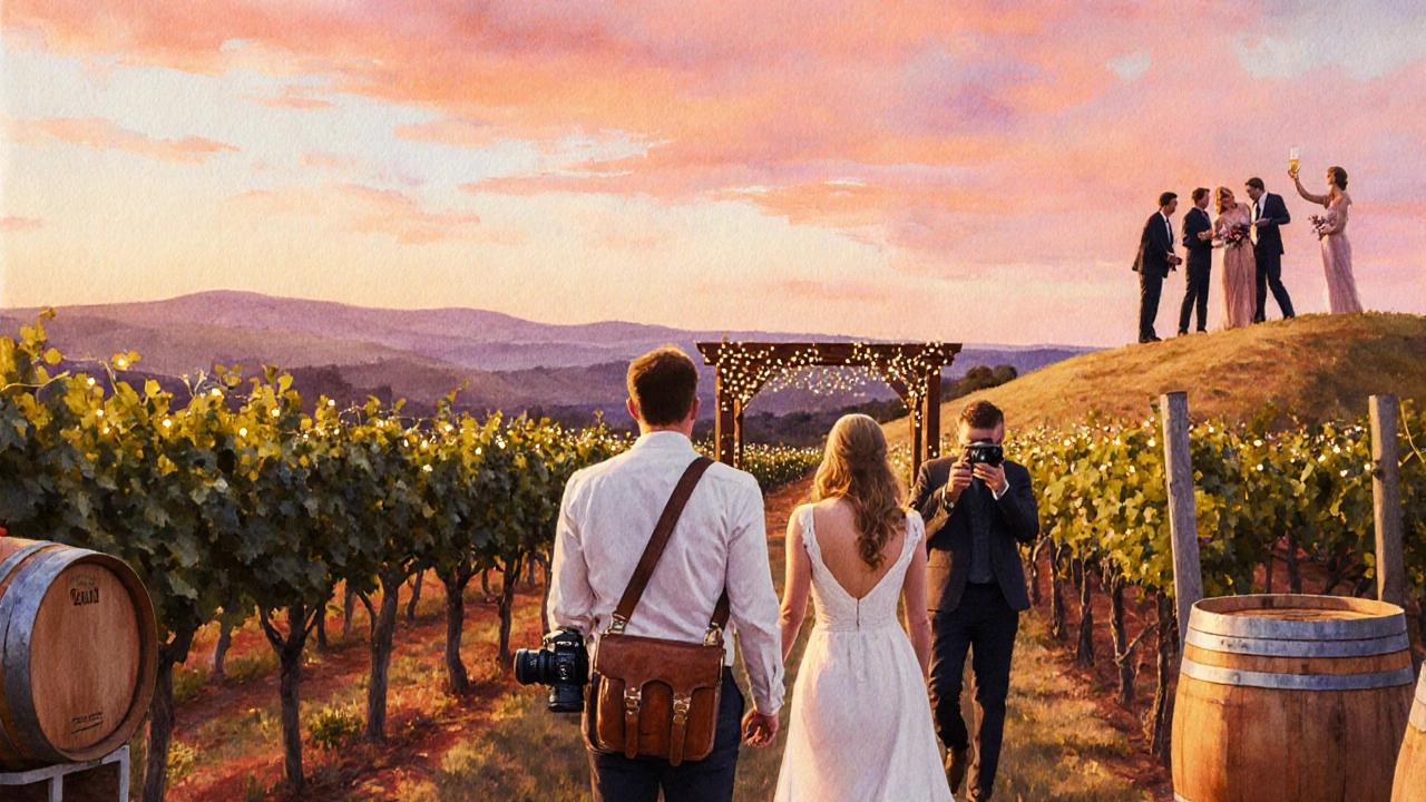 Watercolor of a sunset vineyard wedding with photographer and second shooter.