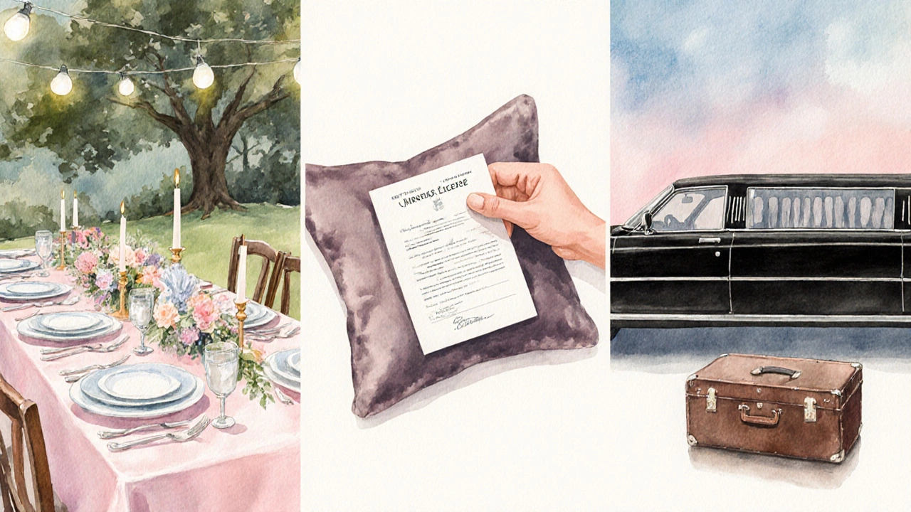Watercolor of rehearsal dinner, marriage license, and limousine representing groom's costs.