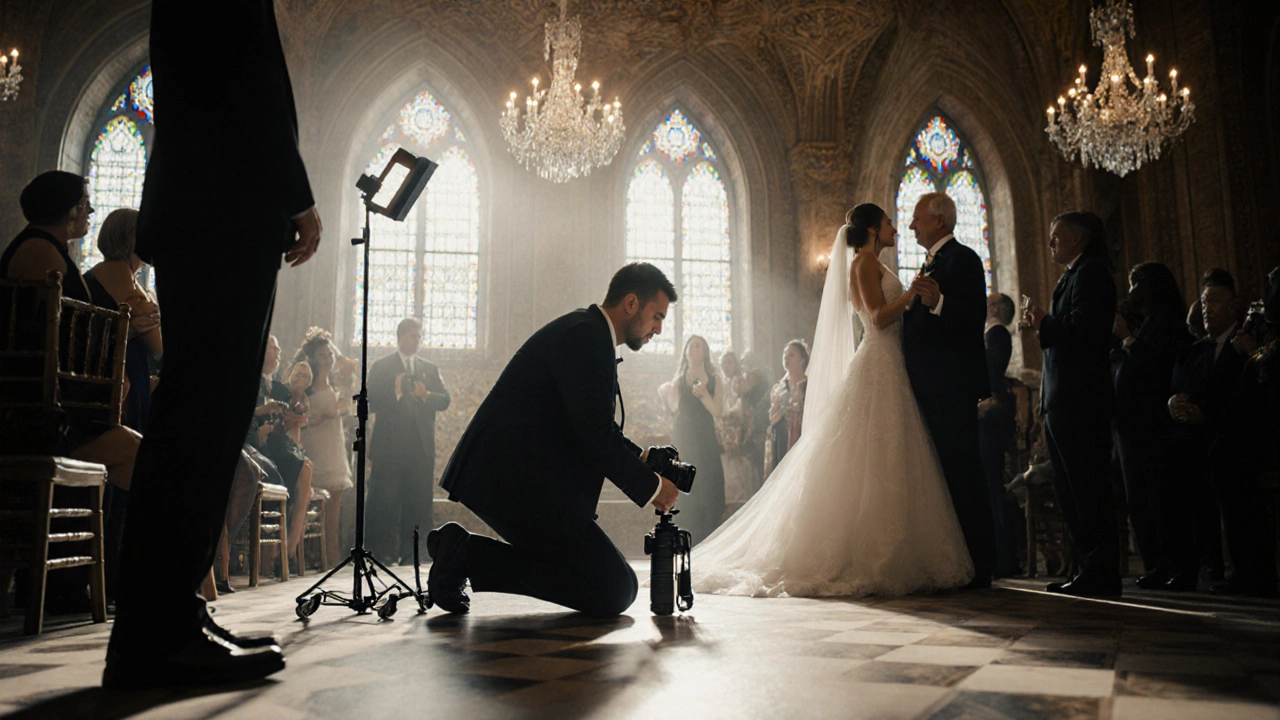 Wedding photographer adjusting lighting during ceremony with second shooter nearby.