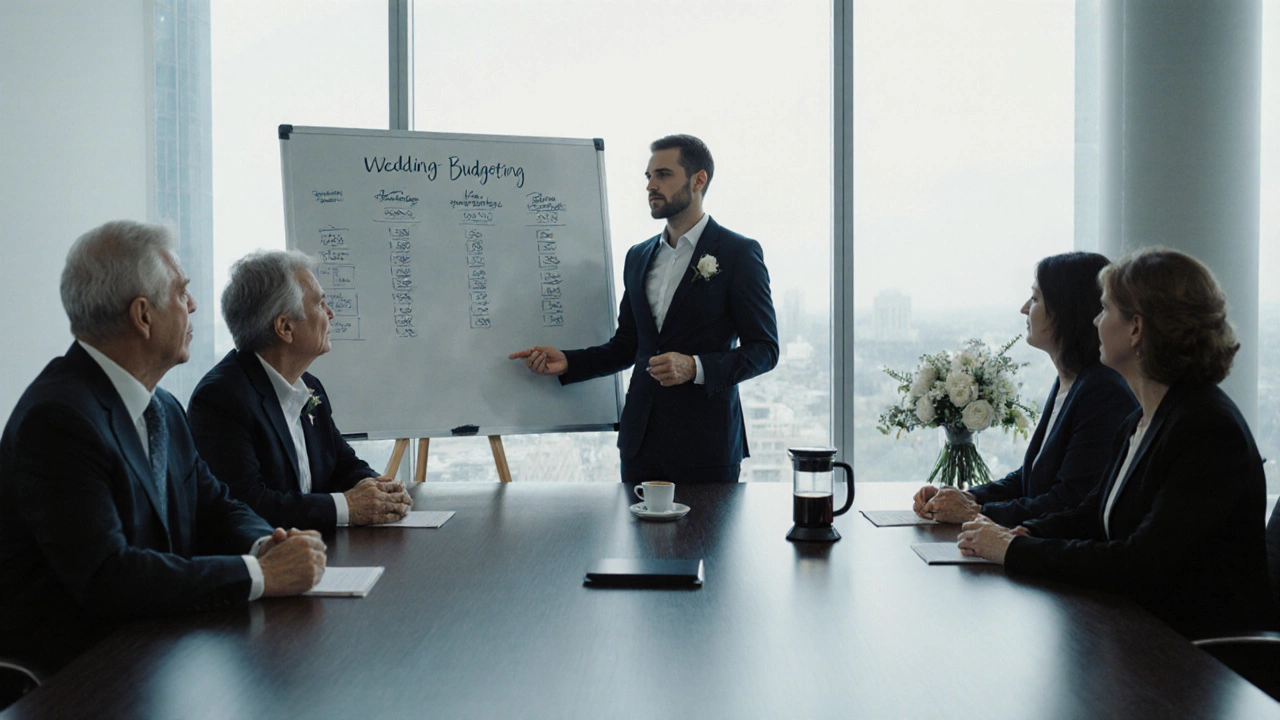 Wedding planner leads a budgeting meeting with groom's parents in a modern conference room.