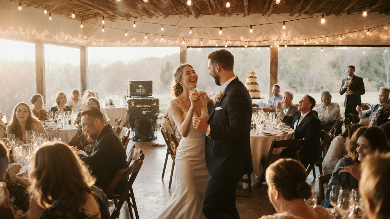 75 guests enjoying a wedding reception under string lights, the couple dancing in the center.