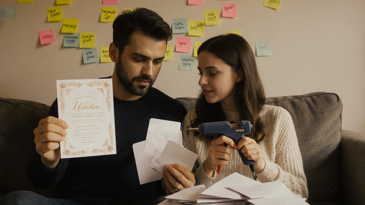 A couple holding professional and DIY invitations, surrounded by notes on time and cost.
