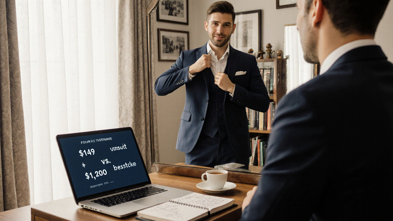 A man tries on a secondhand suit in a cozy living room, with a laptop showing budget comparisons and tea nearby.