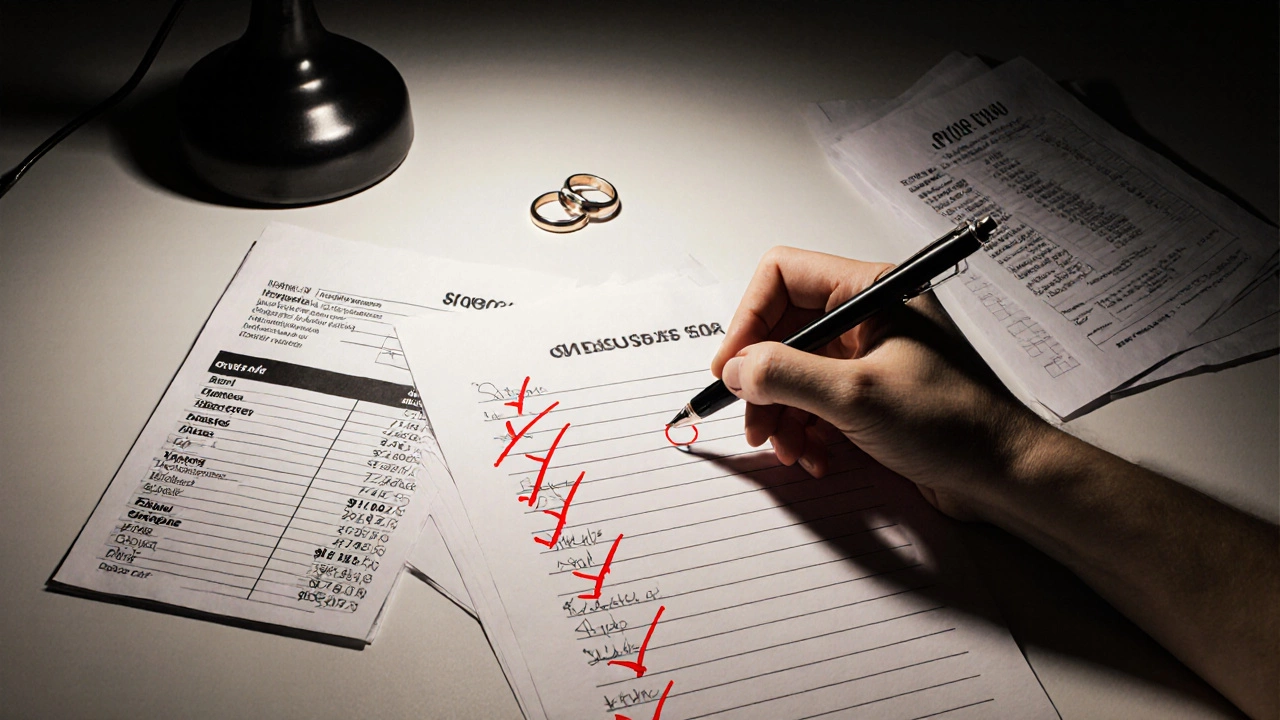 A red pen crossing out names on a guest list beside a budget spreadsheet and wedding rings.