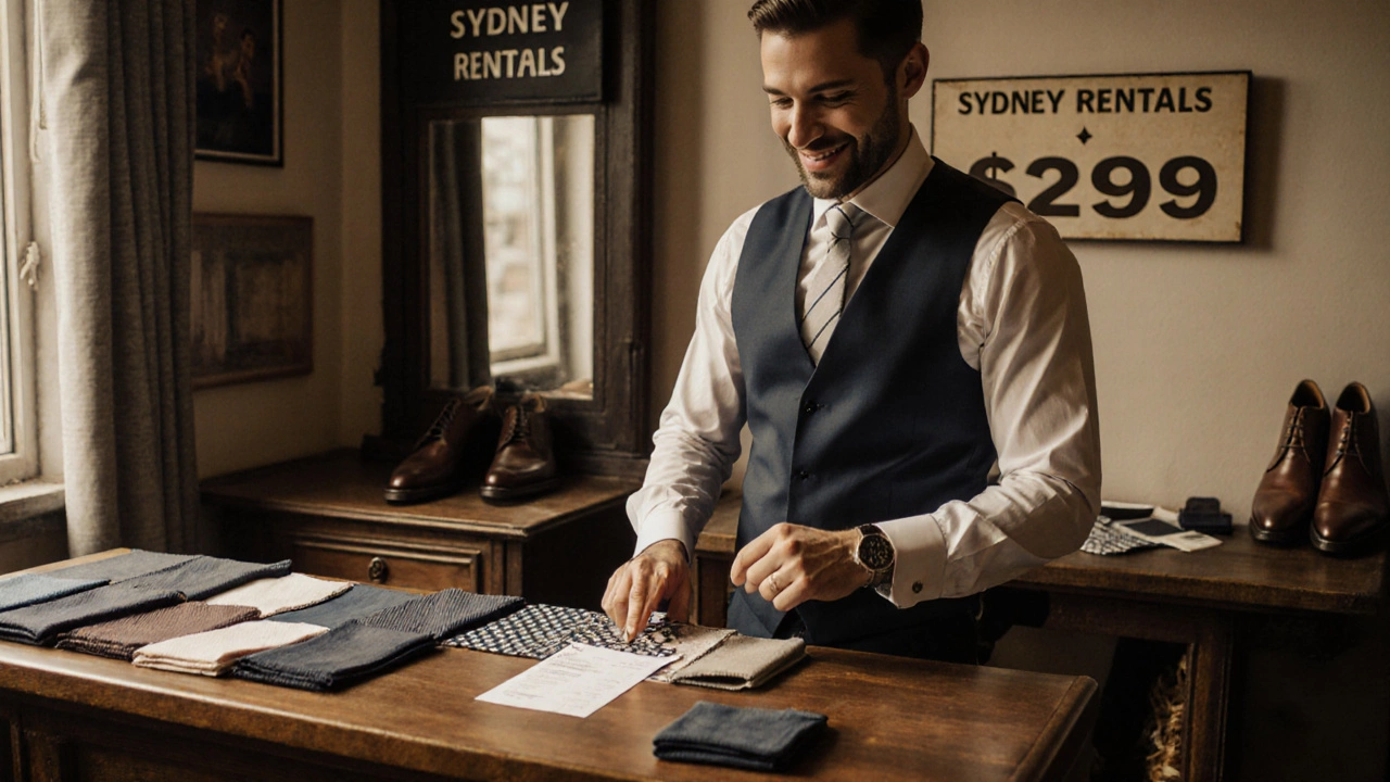 A tailor measures a groom in a small shop, fabric swatches and rental receipt on the table, warm lighting highlighting the moment.